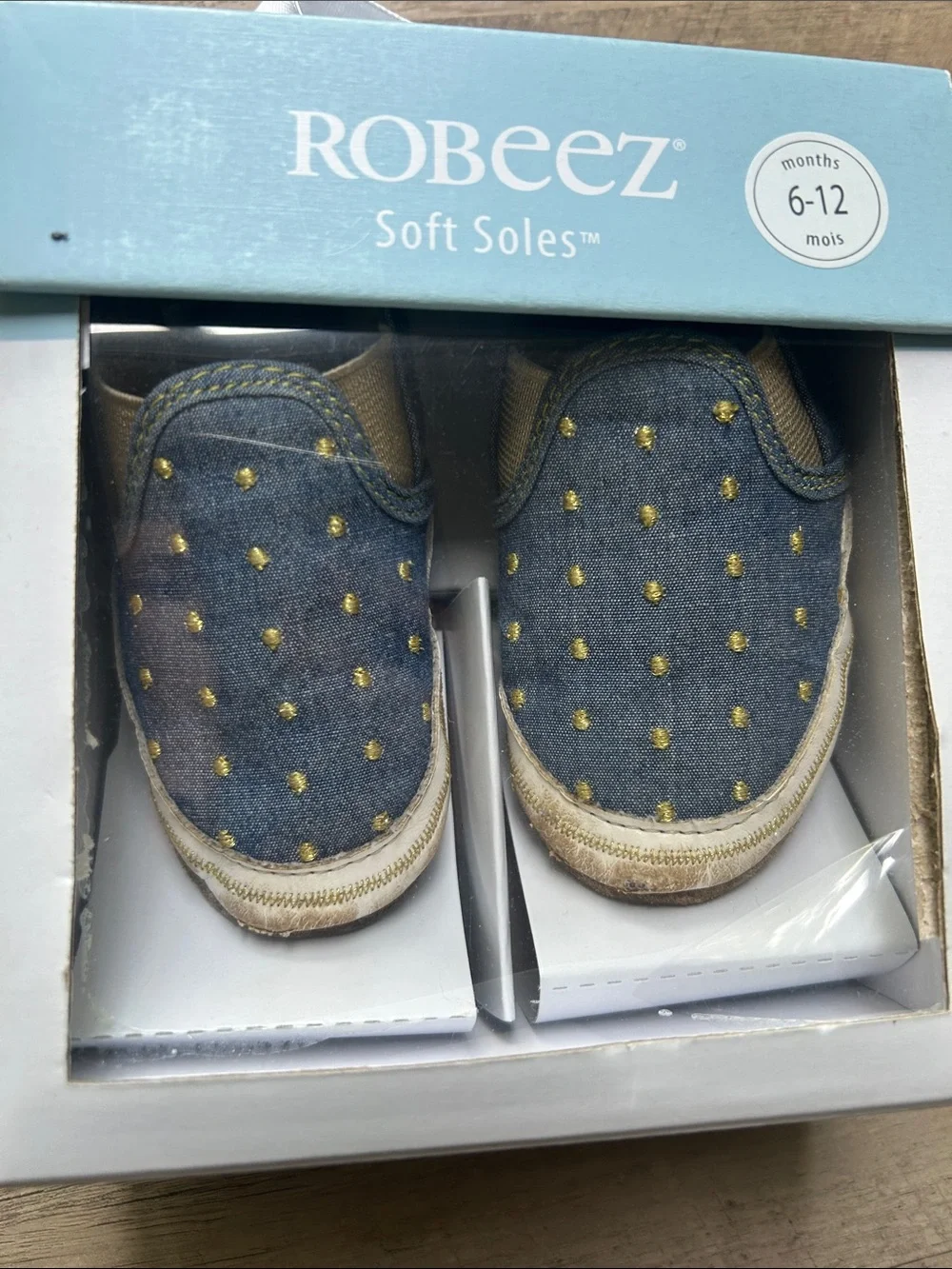 Robeez Blue Denim Slip-On Baby Shoes with Gold Dots